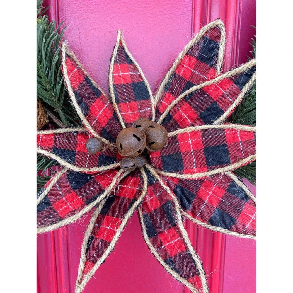 Plaid Christmas Beaded Wreath, Holiday Beaded Plaid Wreath, Bells, Pinecones